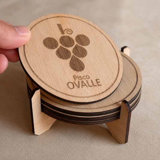 Set de Posavasos de Madera Pisco Ovalle – 4 Unidades + Soporte