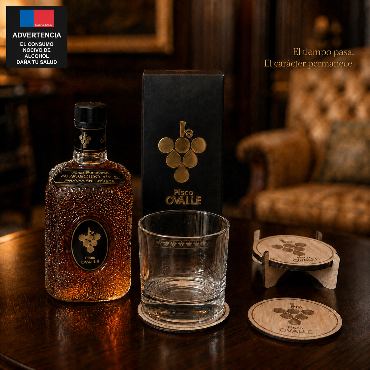 Set de Posavasos de Madera Pisco Ovalle – 4 Unidades + Soporte